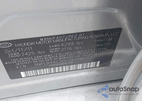 2012 Hyundai Sonata Gls из США, поврежденный, VIN 5NPEB4AC3CH393791